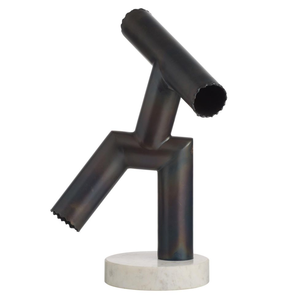 Black metal sculpture on a white background