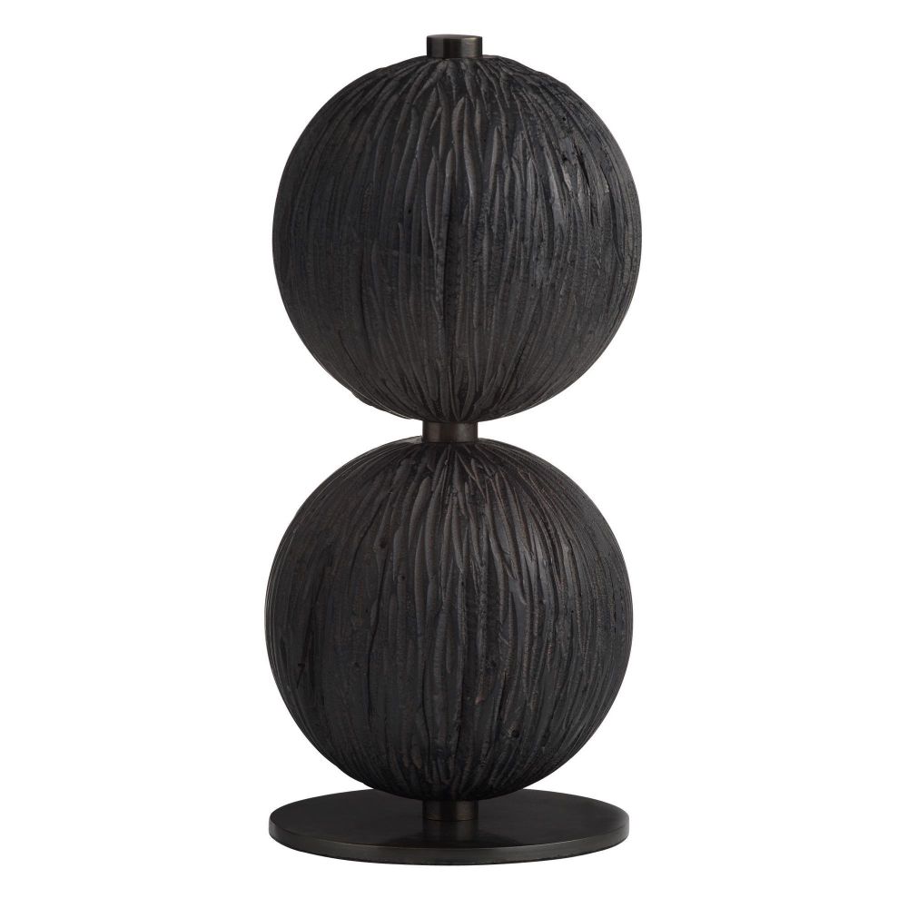 Black double-sphere decorative item on a white background