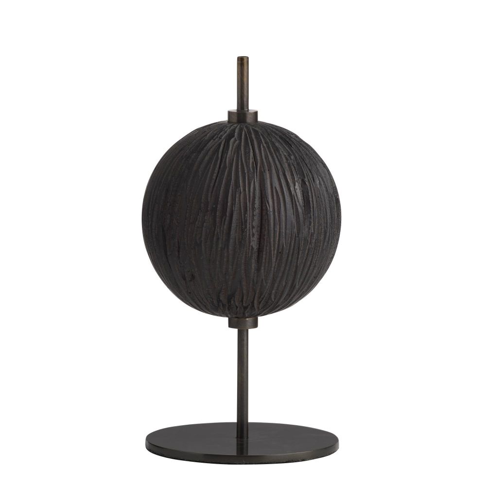 Black spherical object on a stand against a white background