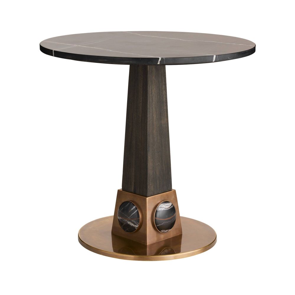 Round table with marble top and bronze base on a white background
