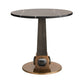 Round marble table with a dark wood base on a white background