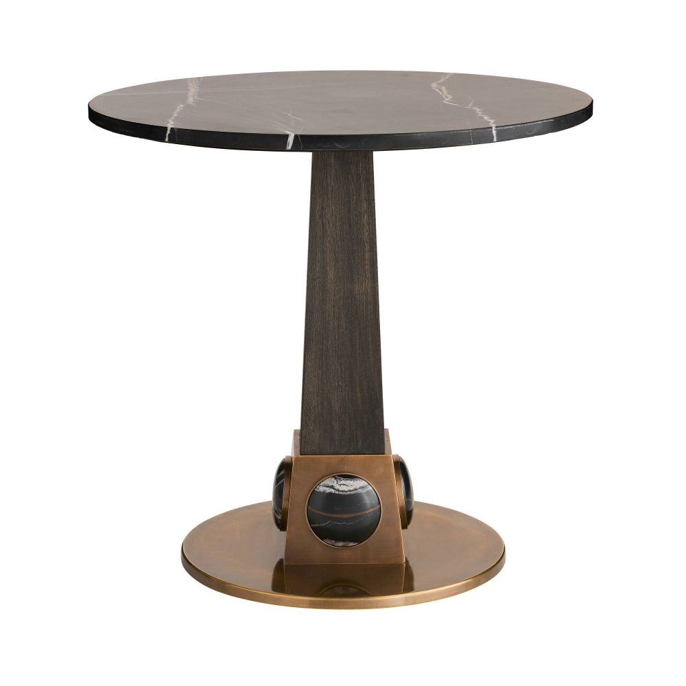 Round marble table with a dark wood base on a white background