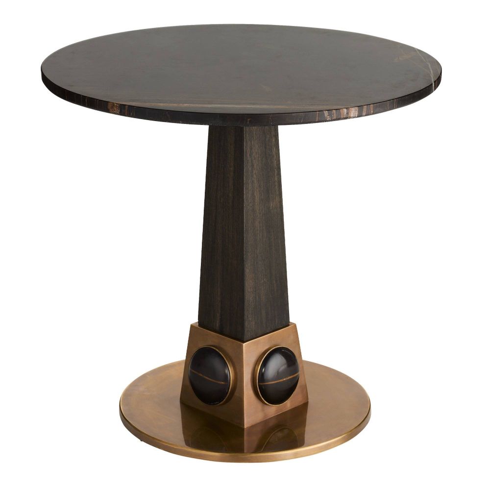 Wooden side table with a unique design on a white background