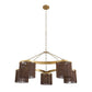 Gold chandelier with brown lampshades on a white background
