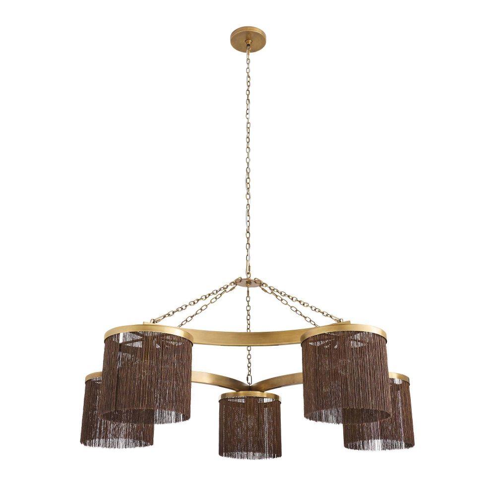 Gold chandelier with brown lampshades on a white background
