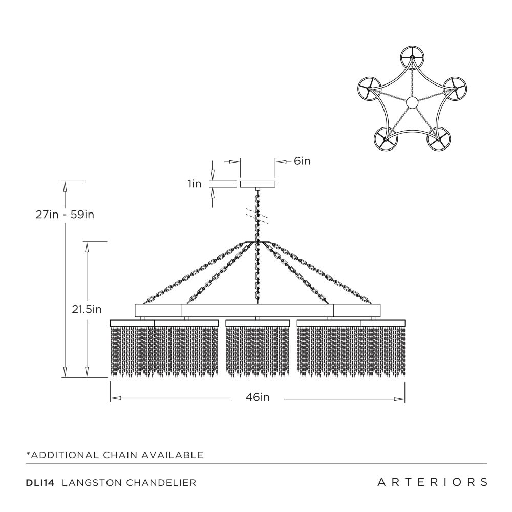 Technical drawing of a Langston chandelier with dimensions and Arteriors branding.