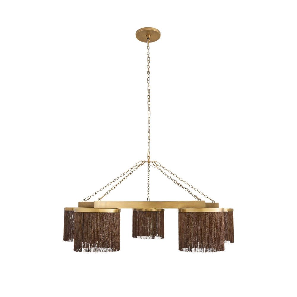 Chandelier with gold frame and brown lampshades on a white background