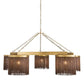 Chandelier with gold frame and brown fabric shades on a white background