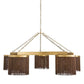 Chandelier with gold frame and brown lampshades on a white background