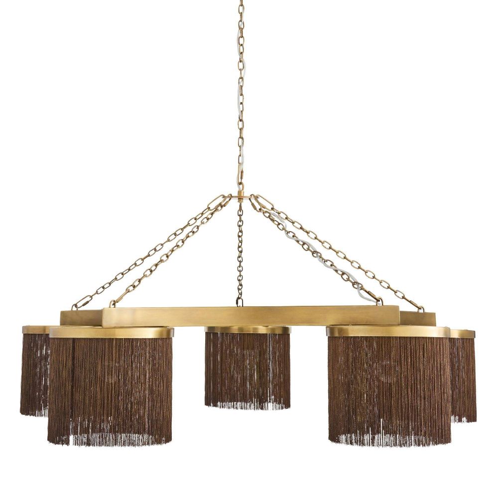 Chandelier with gold frame and brown lampshades on a white background
