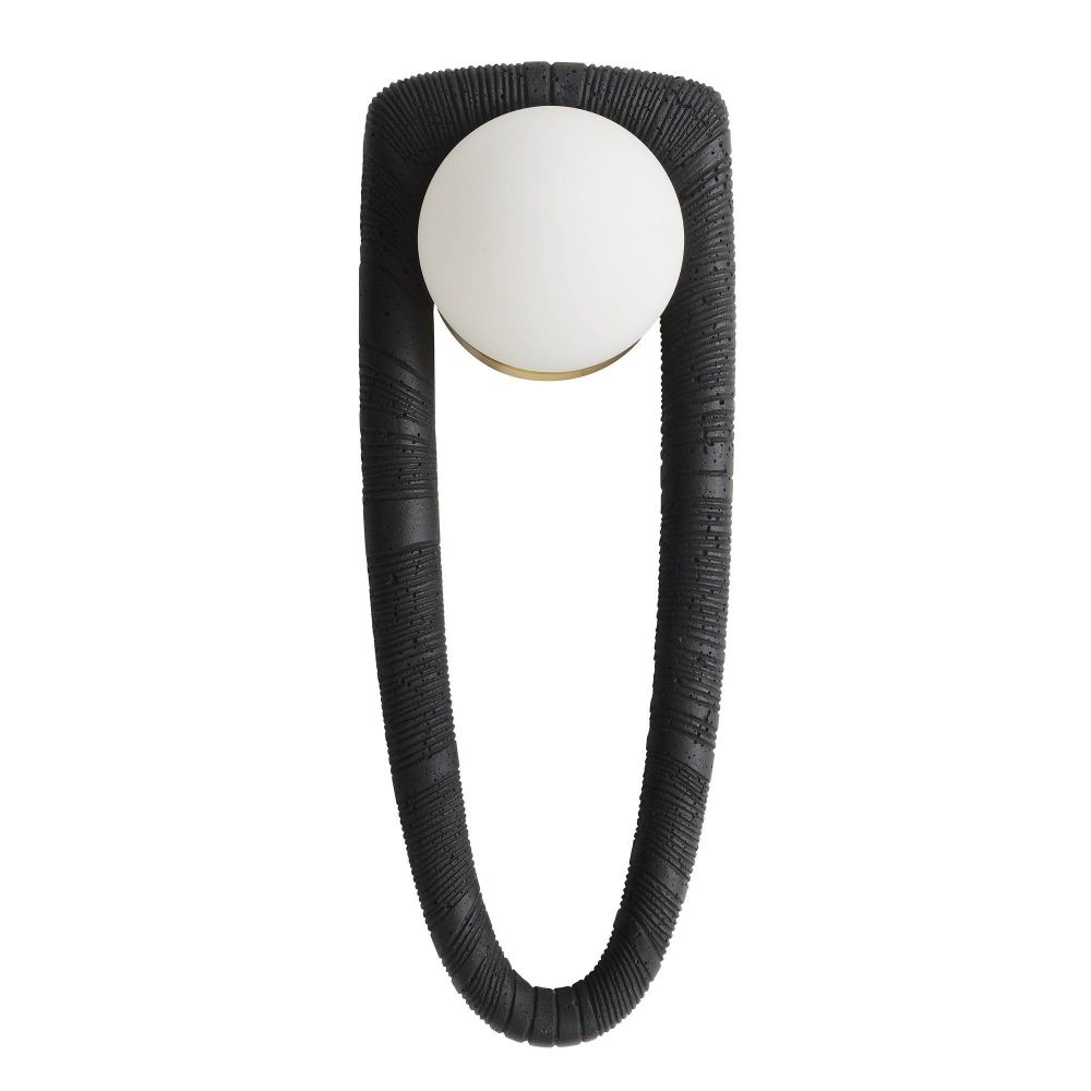 Wall sconce with black textured arm and white spherical shade on a white background