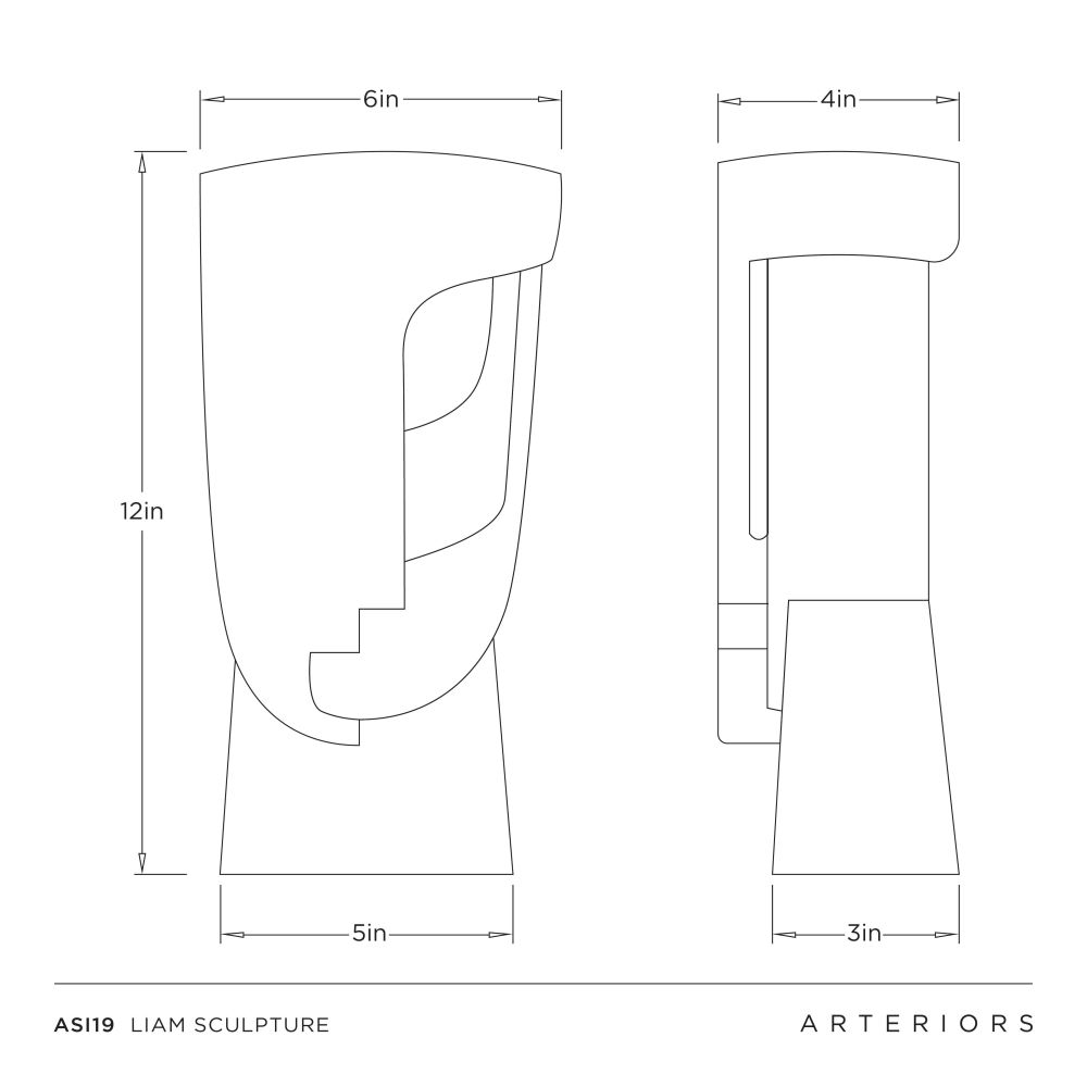 Technical drawing of a Liam sculpture with dimensions labeled, featuring the brand 'Arteriors'.