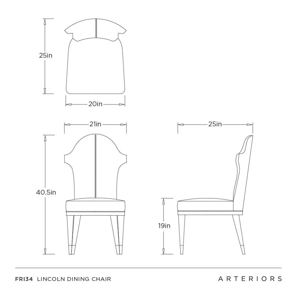 Line drawing of a dining chair with dimensions labeled, featuring the brand 'Arteriors'.