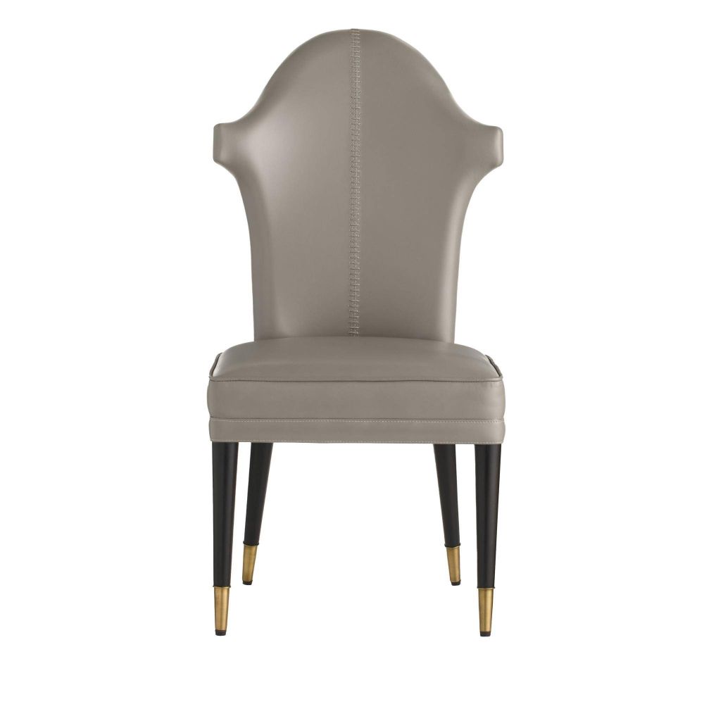 Gray chair with black legs and gold accents on a white background