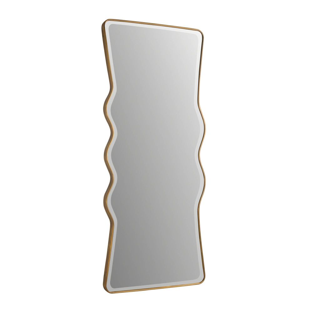 Wavy-shaped mirror with gold frame on a white background