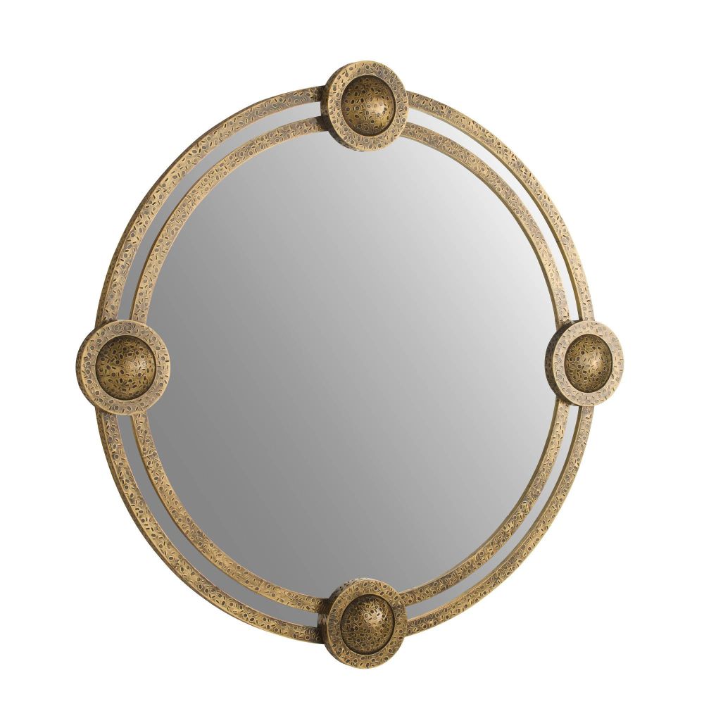 Round mirror with decorative gold frame on a white background