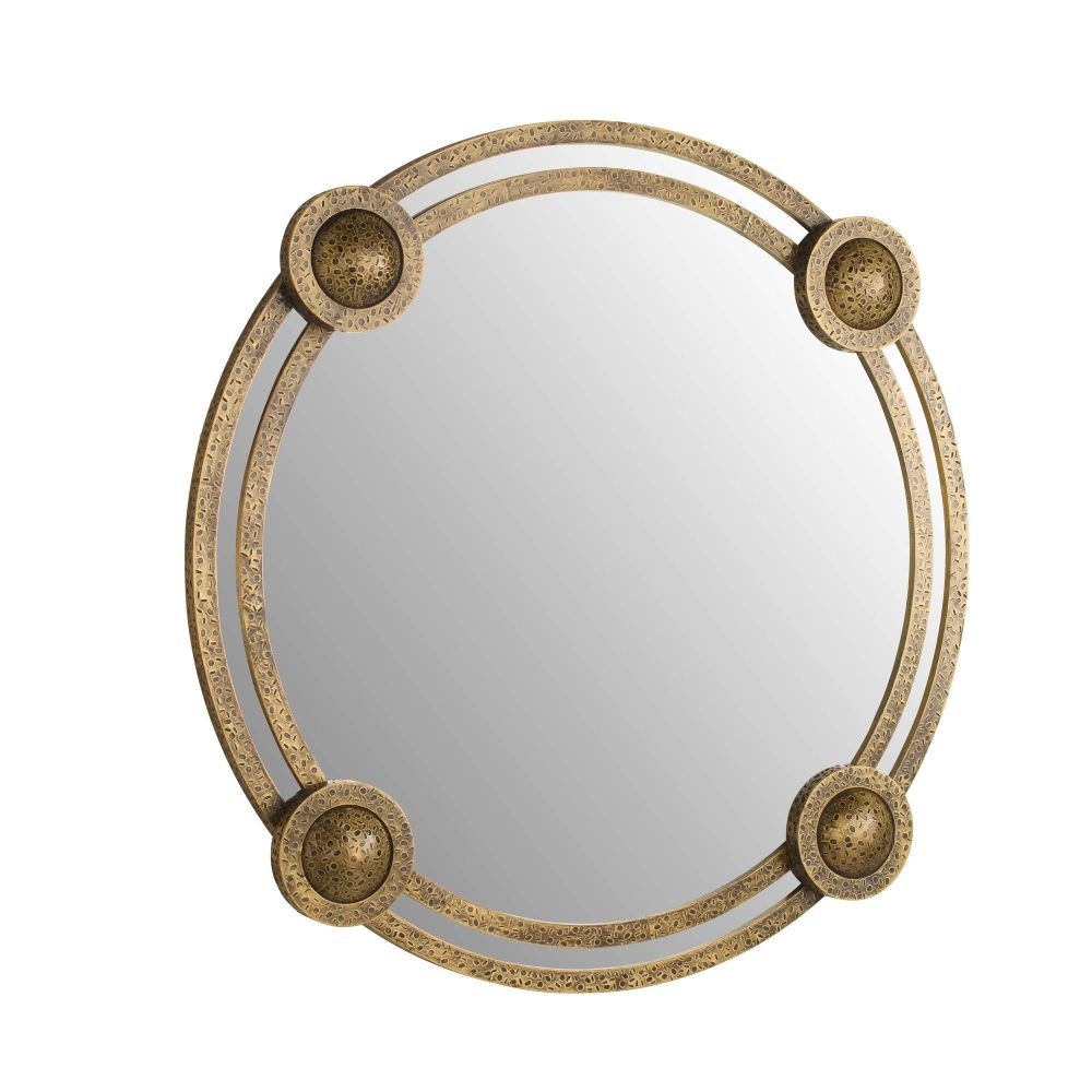 Round mirror with decorative gold frame on a white background