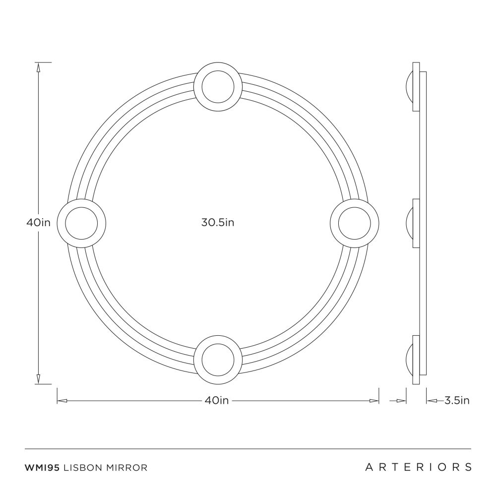 Technical drawing of a circular mirror with dimensions labeled, featuring the brand 'Arteriors'.