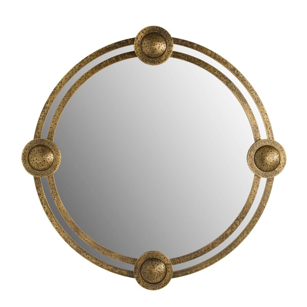 Round mirror with gold decorative frame on a white background