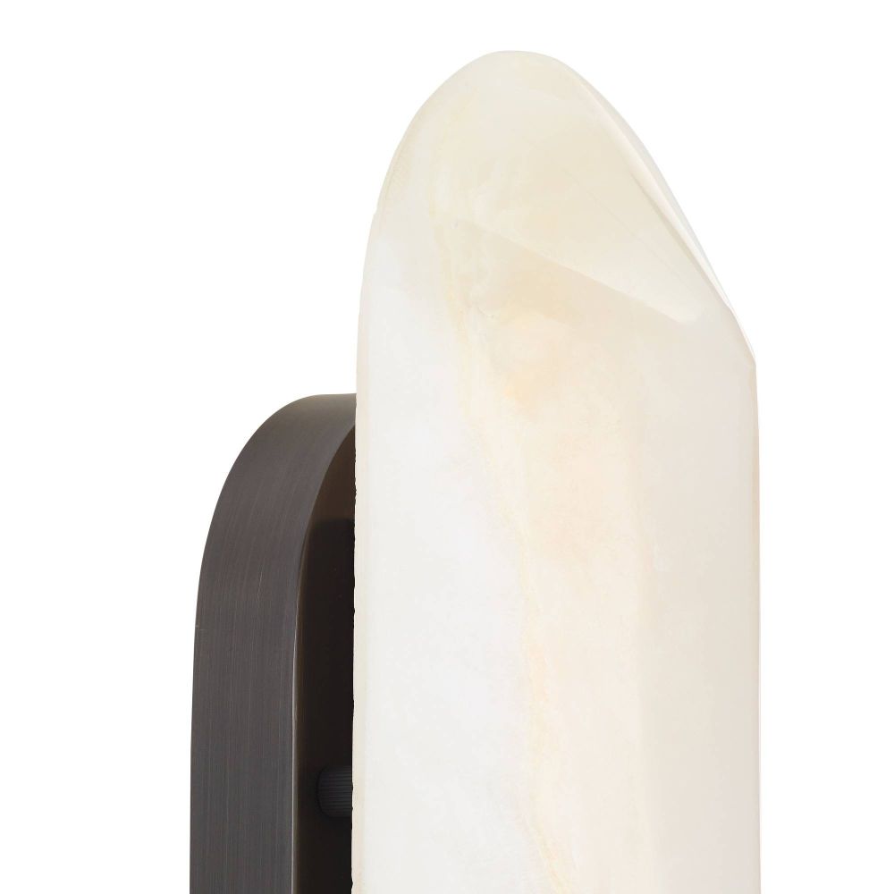 Modern wall sconce with a white shade and bronze base on a white background