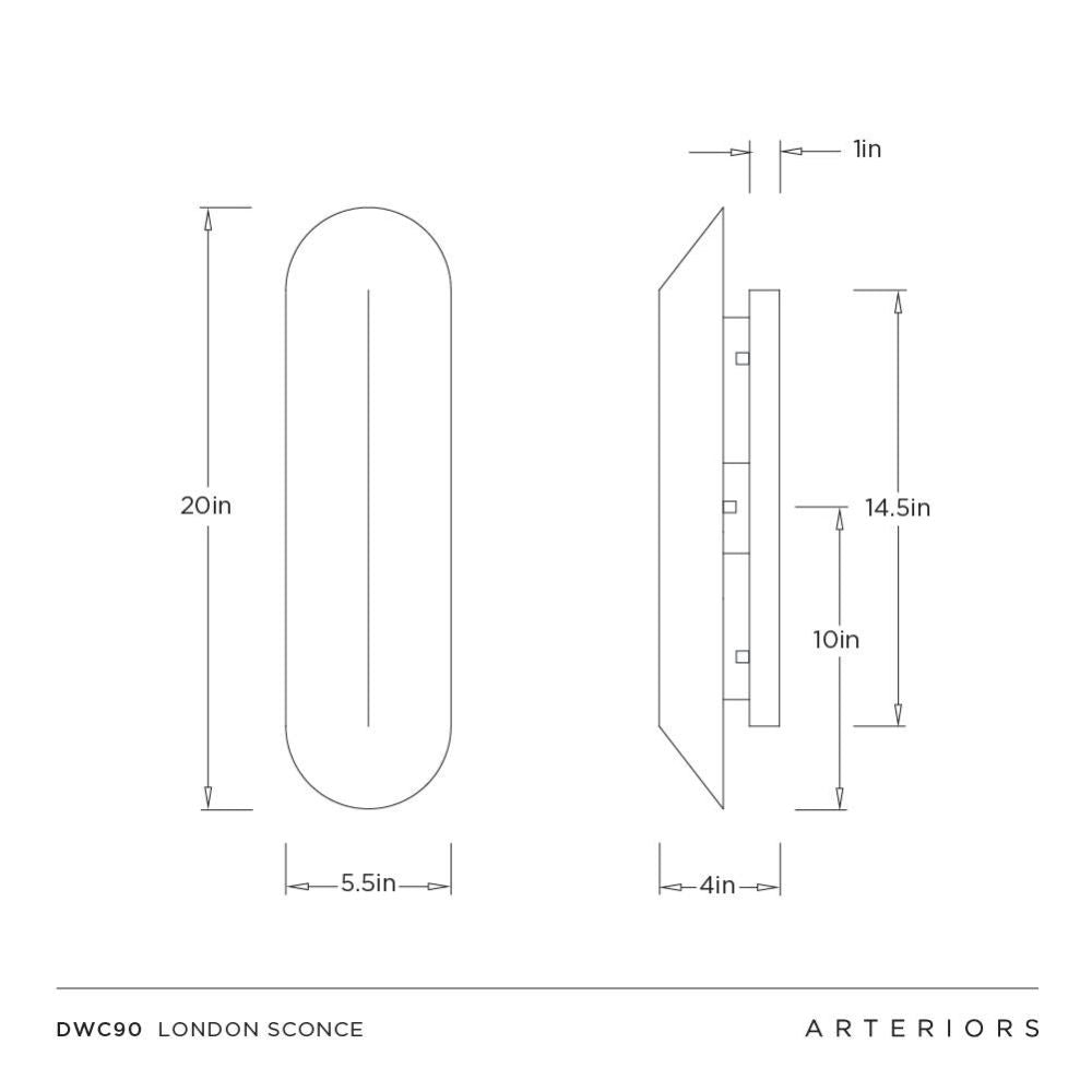 Dimensions of a sconce with measurements in inches, labeled 'DWC90 LONDON SCONCE' by Arteriors.