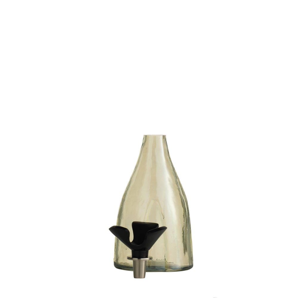 Clear glass bottle with black cap on a white background