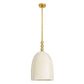 Pendant light with gold fixture and white glass shade on a white background