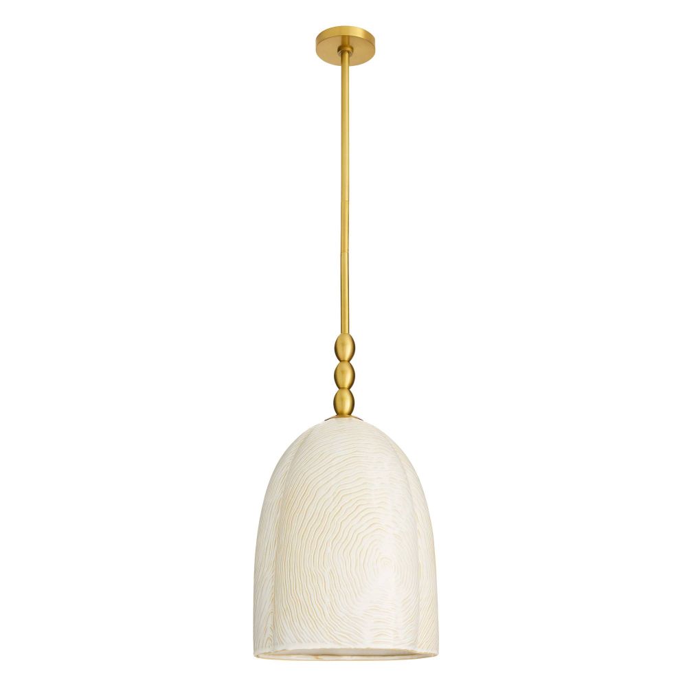 Pendant light with gold fixture and white glass shade on a white background