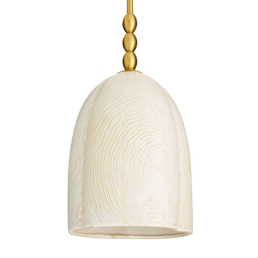 Pendant light with textured white shade and gold fixture on a white background