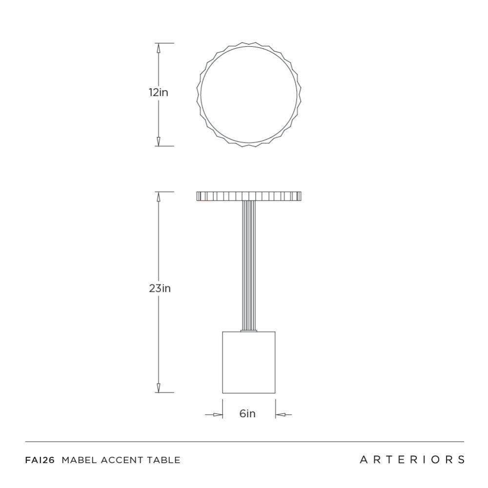 Technical drawing of a Mabel accent table with dimensions and Arteriors branding.