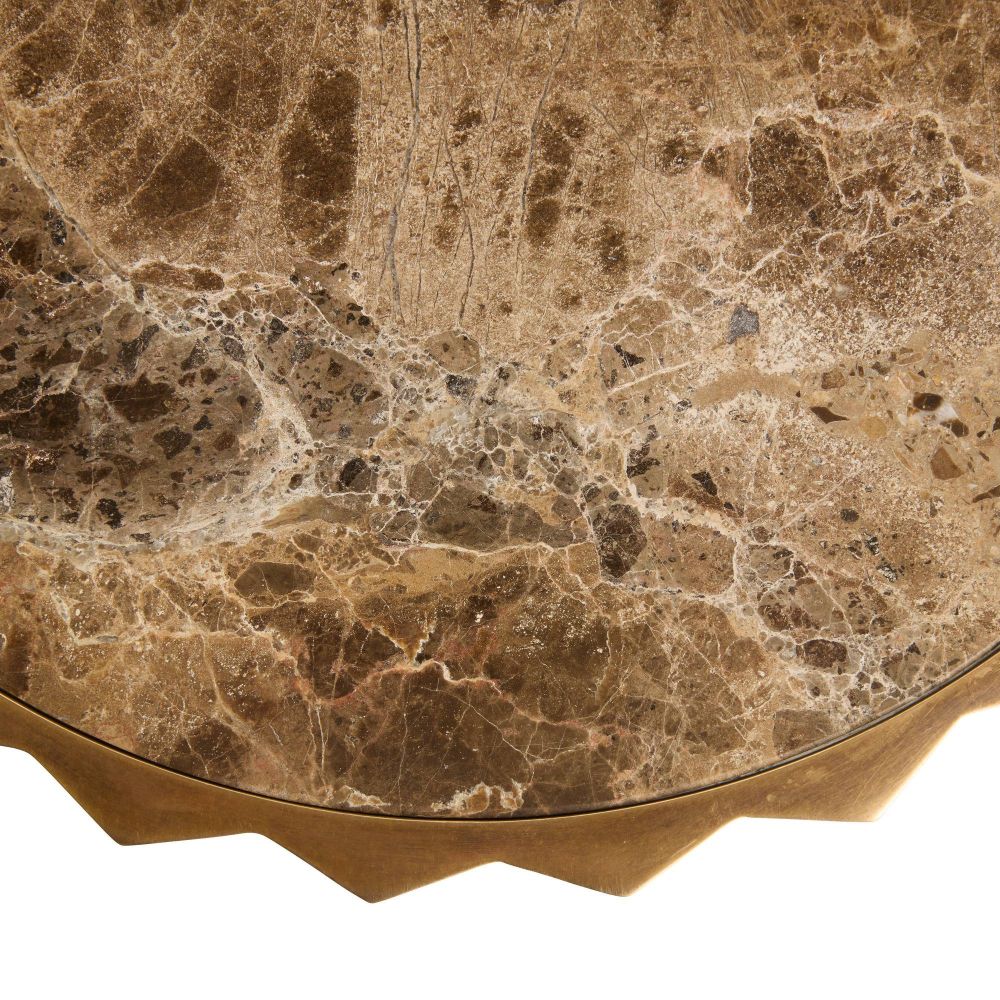 Round marble table with a brown and beige marbled pattern on a white background
