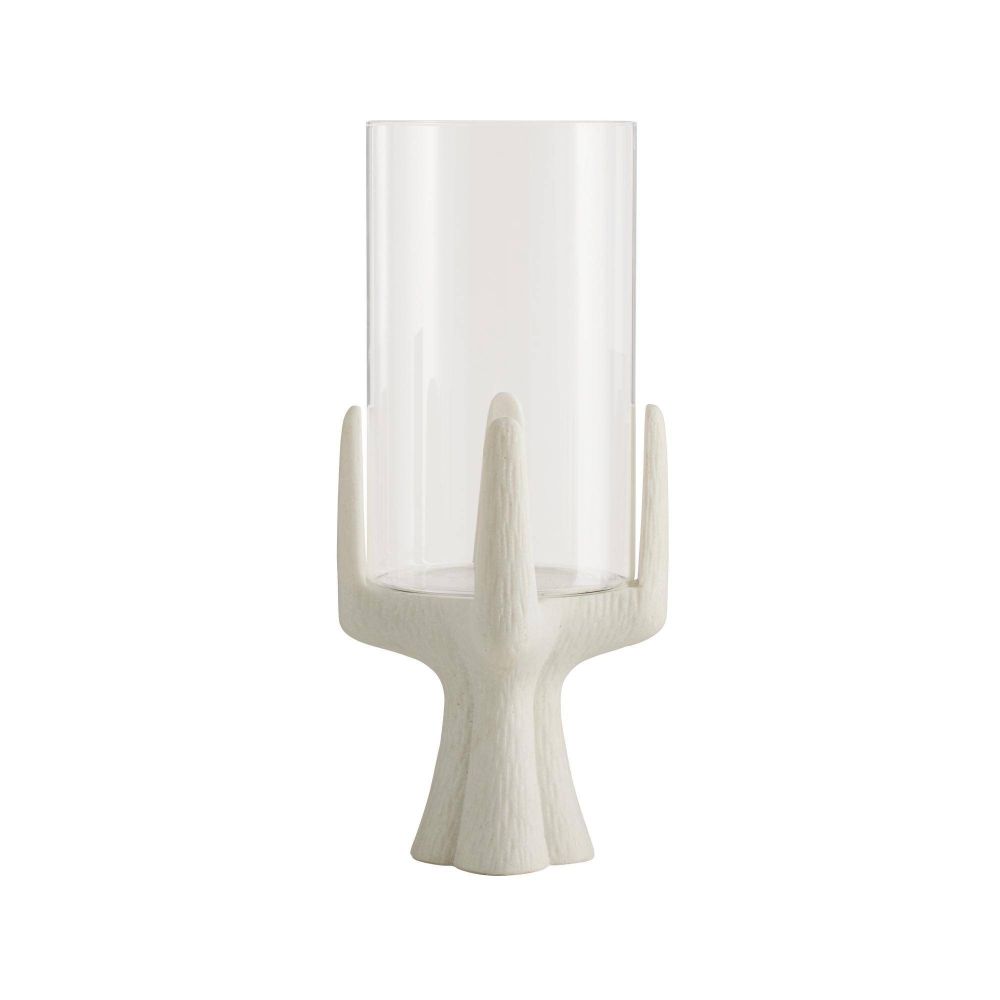 White candle holder with a cylindrical glass candle on a white background
