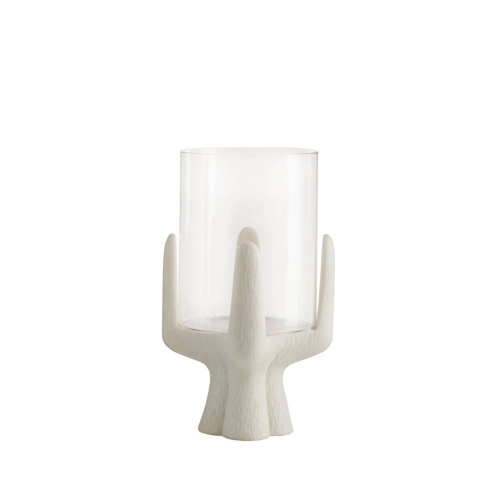 White candle holder with a glass candle on a white background