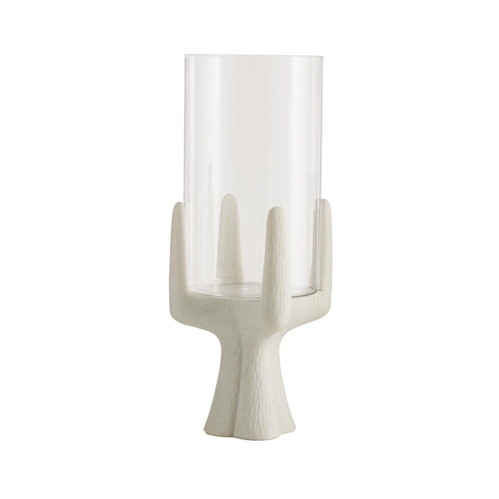 White candle holder with a cylindrical glass candle on a white background