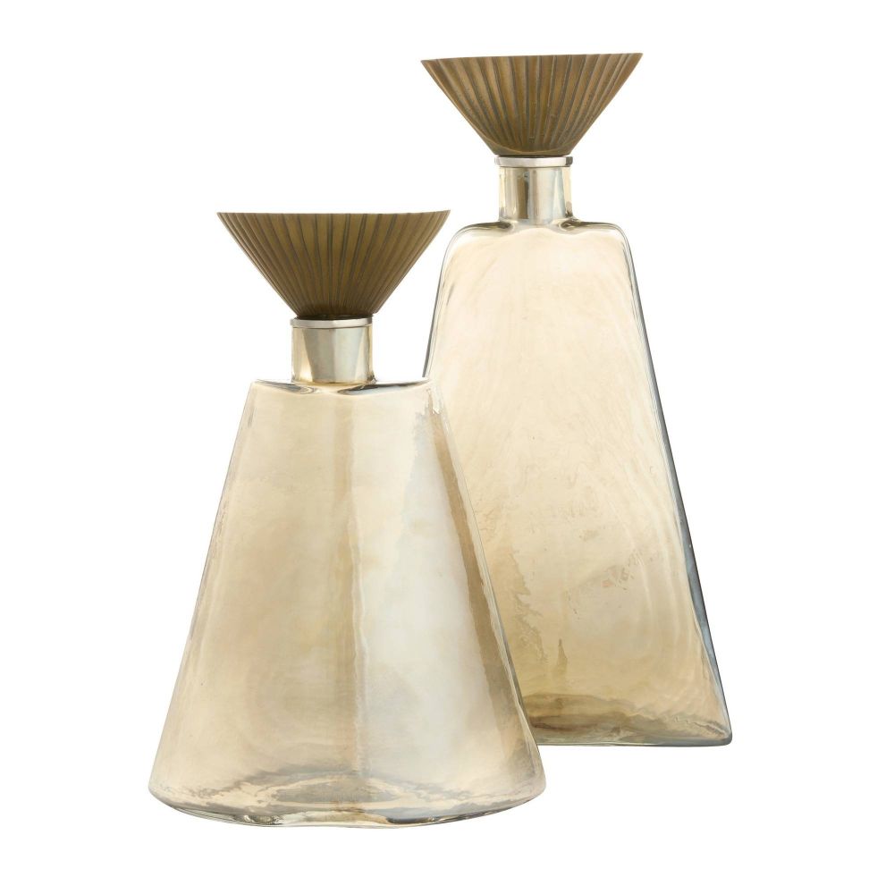 Two smoked glass bottles with metallic caps on a white background