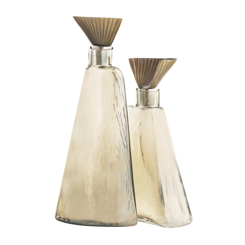 Two glass perfume bottles with wooden nozzles on a white background
