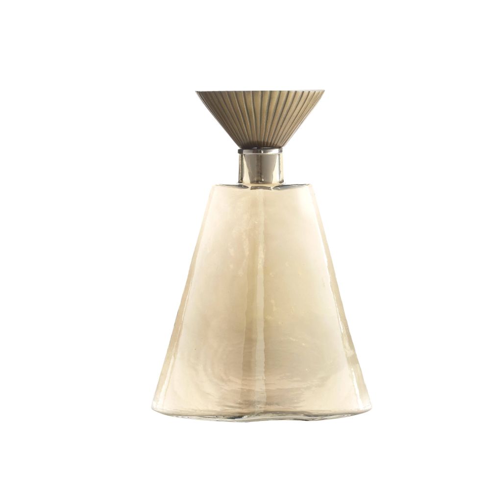 Beige lampshade with ribbed metallic fixture on a white background