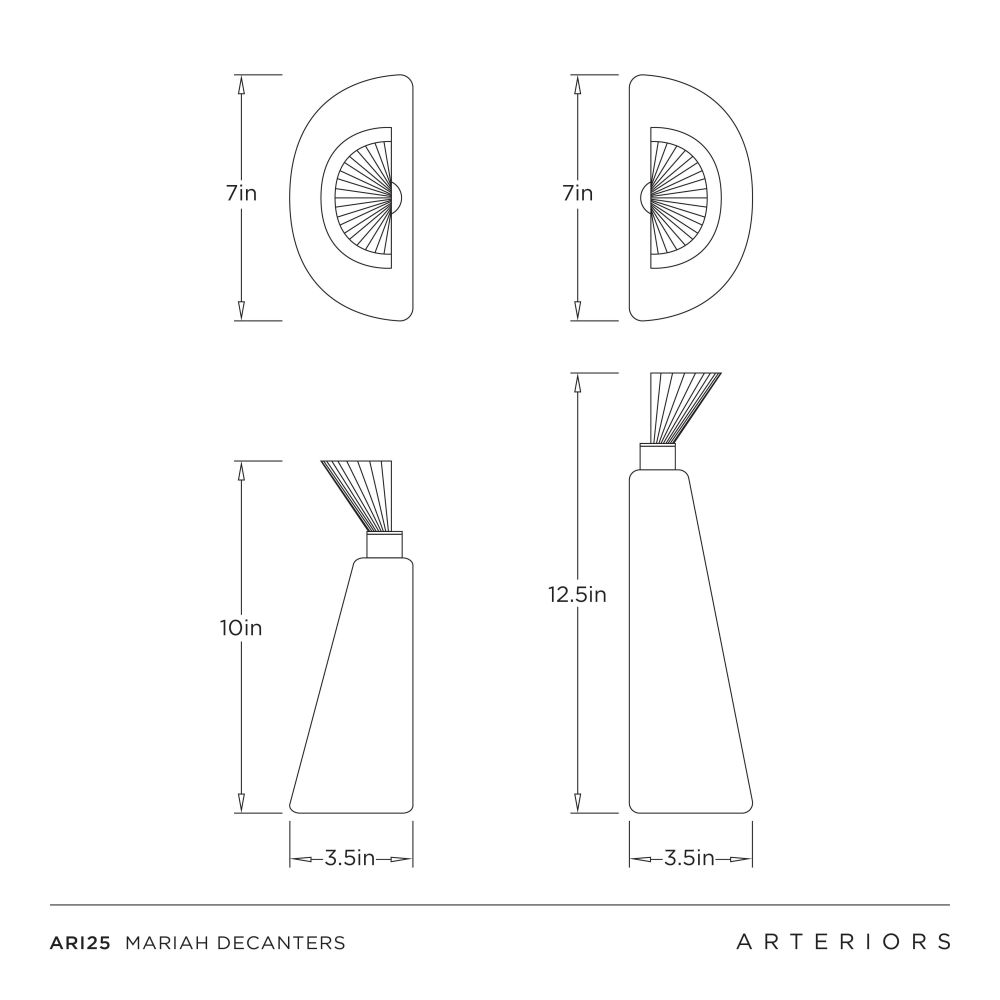 Technical drawing of Mariah Decanters with dimensions labeled