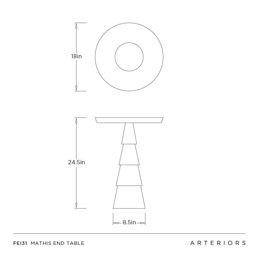 Technical drawing of a Mathis end table with dimensions and Arteriors branding.