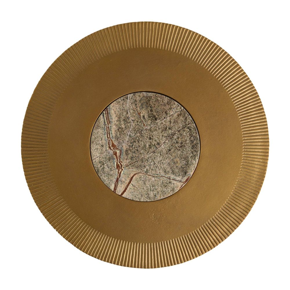 Round decorative item with gold rim and central stone-like pattern on a white background