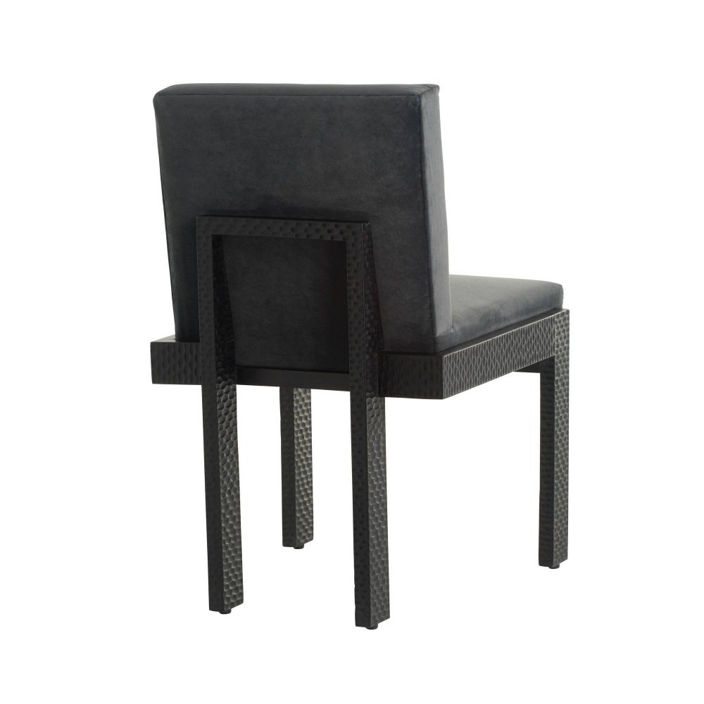 Black dining chair with cushioned seat and backrest on a white background