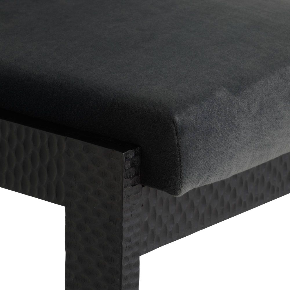 Black dining chair with cushioned seat and backrest on a white background
