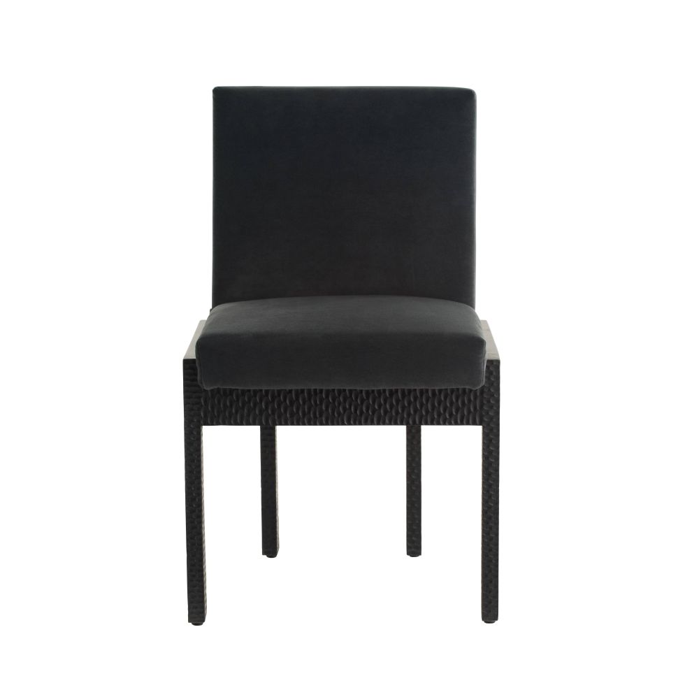 Black dining chair with cushioned seat and backrest on a white background