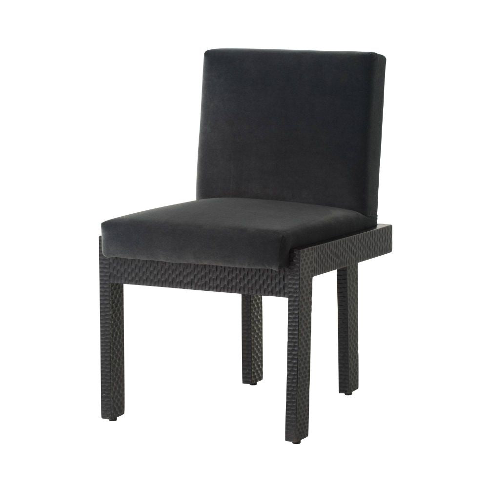 Black dining chair with cushioned seat and backrest on a white background