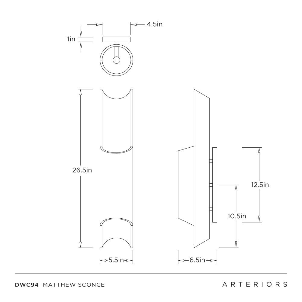 Technical drawing of a sconce with dimensions labeled, featuring the brand 'Arteriors'.