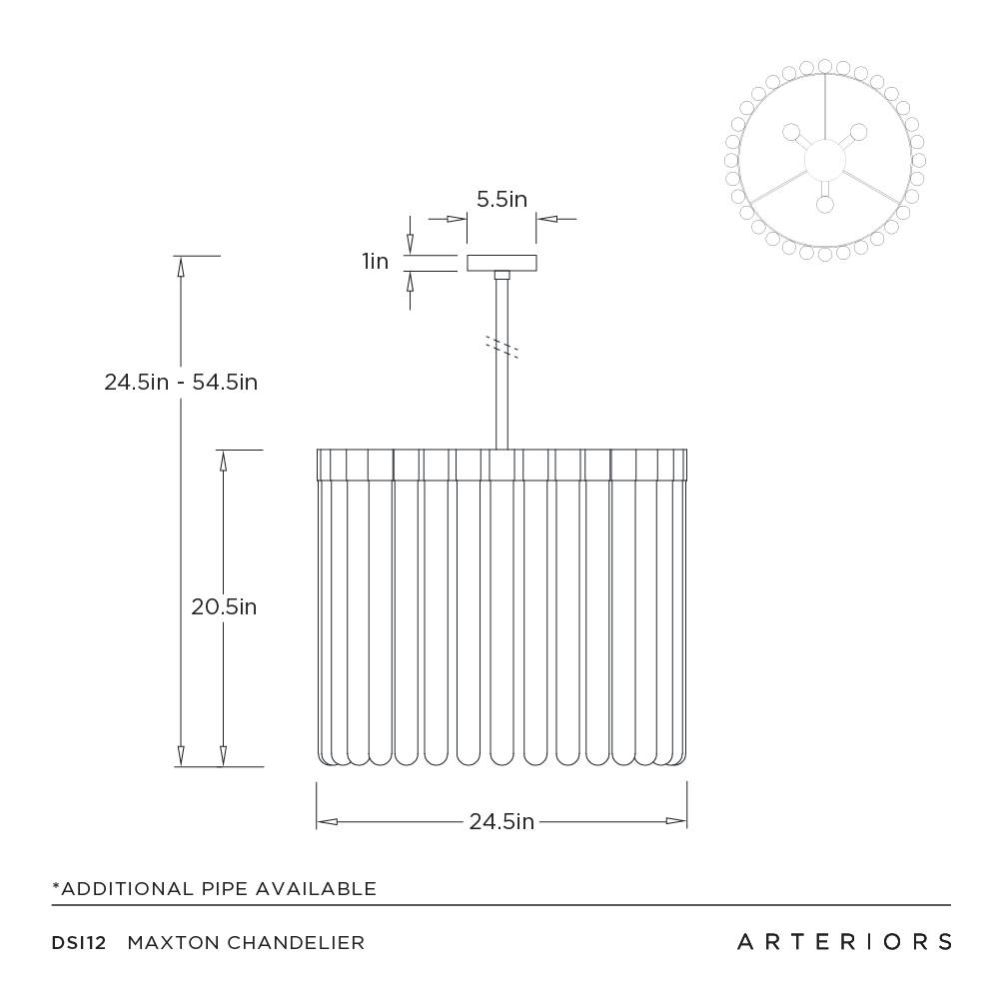 Technical drawing of a Maxton chandelier with dimensions and Arteriors branding.