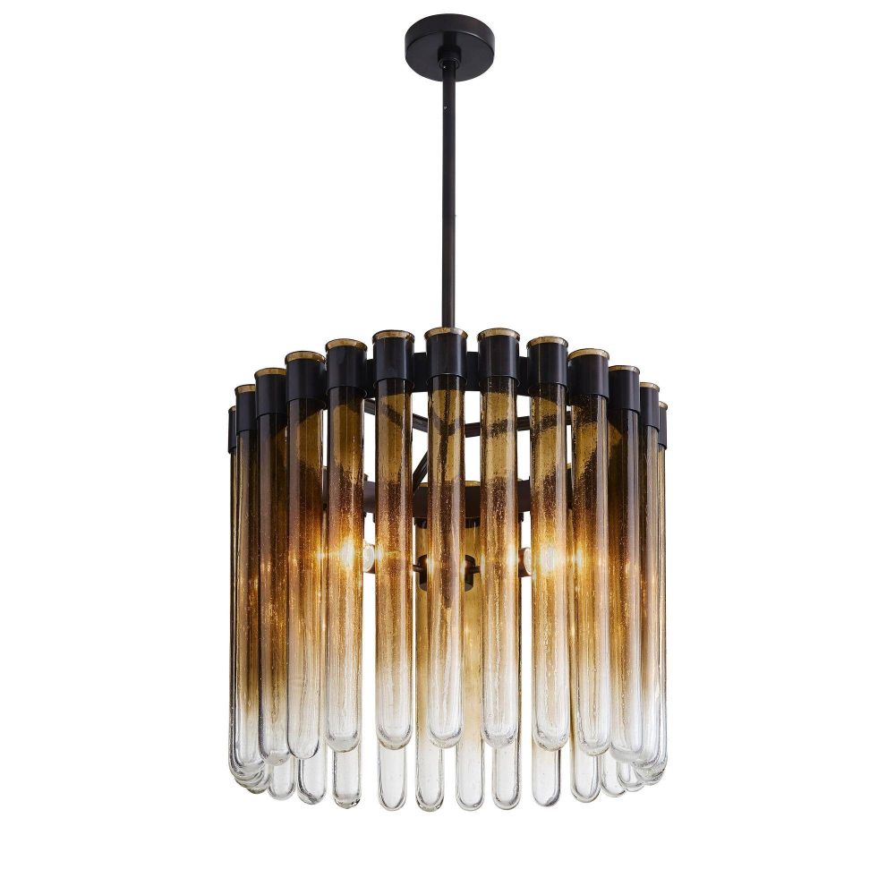 Modern pendant light with glass tubes on a white background