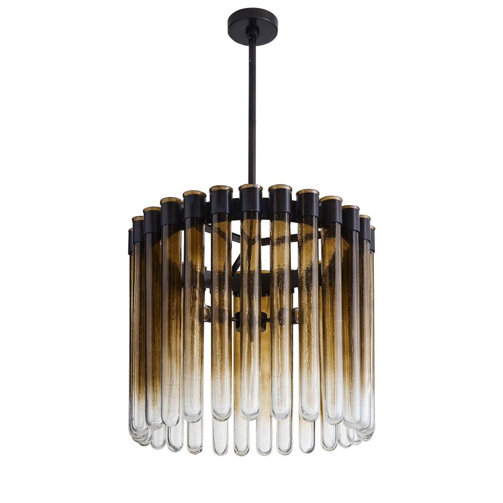 Modern chandelier light with gradient glass tubes on a white background