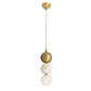 Pendant light with gold and white spherical design on a white background