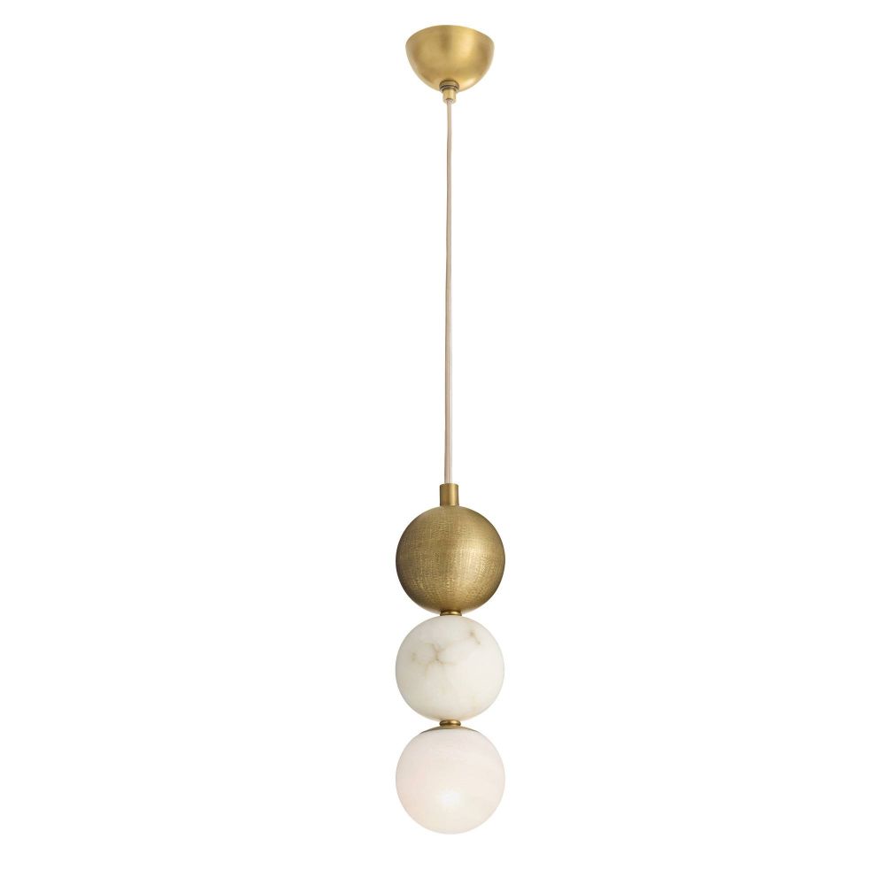 Pendant light with gold and white spherical design on a white background
